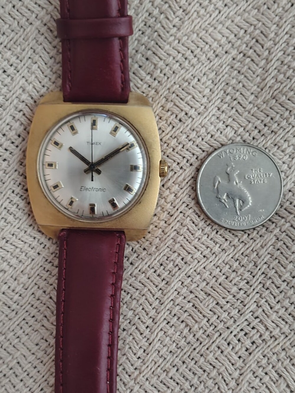 Vintage Timex Gold-Tone Electronic Watch with Burgundy Strap